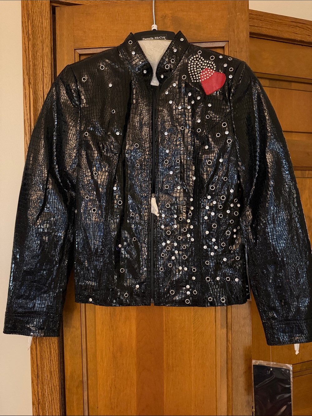 Pamela McCoy Black Embossed Faux-Leather Jacket with Red Heart Patch